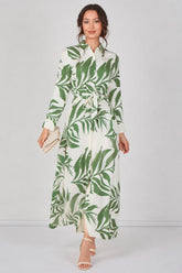8Pcs Green Palm Print Belted Maxi Shirt Dress