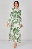 8Pcs Green Palm Print Belted Maxi Shirt Dress