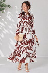 8Pcs Rust Palm Print Belted Maxi Shirt Dress