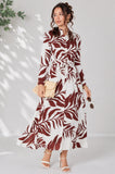8Pcs Rust Palm Print Belted Maxi Shirt Dress