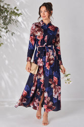 8Pcs Navy Iris Floral Belted Maxi Shirt Dress