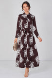 8Pcs Chocolate and White Floral Belted Maxi Shirt Dress