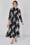 8Pcs Black and White Floral Belted Maxi Shirt Dress