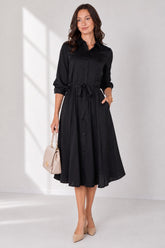Love Sunshine Plain Black Velvety Satin Belted Midi Shirt Dress Brunch Dress Casual Dress Dress with Pockets Dresses Everyday Dress LS-2045 Workwear Dress