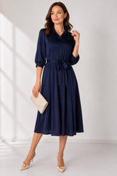 Love Sunshine Plain Navy Velvety Satin Belted Midi Shirt Dress Brunch Dress Casual Dress Dress with Pockets Dresses Everyday Dress LS-2045 Workwear Dress