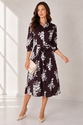Love Sunshine Brown Ivory Bouquet Print Belted Midi Shirt Dress Brunch Dress Casual Dress Dress with Pockets Dresses Everyday Dress LS-2045 Workwear Dress