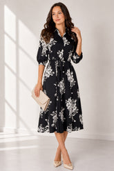 Love Sunshine Black Ivory Bouquet Print Belted Midi Shirt Dress Brunch Dress Casual Dress Dress with Pockets Dresses Everyday Dress LS-2045 Workwear Dress