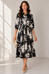 Love Sunshine Black and White Brushstroke Floral Belted Midi Shirt Dress Brunch Dress Casual Dress Dress with Pockets Dresses Everyday Dress LS-2045 Workwear Dress