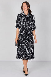 Love Sunshine Black and White Abstract Line Print Belted Midi Shirt Dress Brunch Dress Casual Dress Dress with Pockets Dresses Everyday Dress LS-2045 Workwear Dress