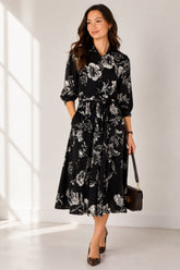 Love Sunshine Black and White Sketch Floral Belted Midi Shirt Dress Brunch Dress Casual Dress Dress with Pockets Dresses Everyday Dress LS-2045 Workwear Dress