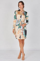 8Pcs Teal Watercolour Marble Print Belted Shirt Dress