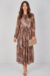 8Pcs Brown Leopard Print Chiffon Belted Maxi Dress