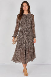 8Pcs Grey Leopard Print Chiffon Belted Maxi Dress