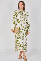 8Pcs Ivory and Olive Leaf Print Maxi Dress