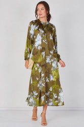 8Pcs Khaki Watercolour Floral Luxury Satin Maxi Dress