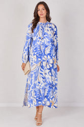 8Pcs Blue Tropical Leaf Print Maxi Dress