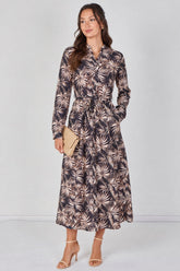 8Pcs Black and Blush Palm Print Belted Maxi Shirt Dress