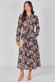 8Pcs Black and Blush Palm Print Belted Maxi Shirt Dress
