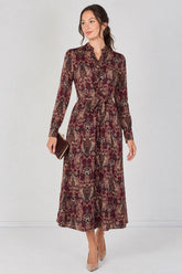 8Pcs Burgundy Paisley Print Belted Maxi Shirt Dress