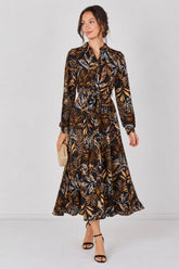 8Pcs Black Botanical Print Belted Maxi Shirt Dress
