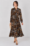 8Pcs Black Botanical Print Belted Maxi Shirt Dress
