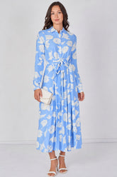8Pcs Sky Blossom Printed Belted Maxi Shirt Dress