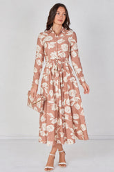 8Pcs Blush Blossom Printed Belted Maxi Shirt Dress