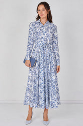 8Pcs Blue Toile Printed Belted Maxi Shirt Dress