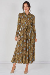 8Pcs Paisley Meadow Printed Khaki Belted Maxi Shirt Dress