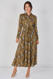 8Pcs Paisley Meadow Printed Khaki Belted Maxi Shirt Dress