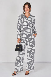 6Pcs White and Black Geo Print Shirt and Trouser Co-ord Set