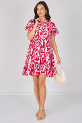 8Pcs Fuchsia Floral Print Tiered Mini Dress