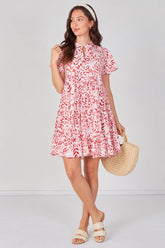 8Pcs Coral Leaf Print Tiered Mini Dress