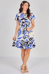 8Pcs Blue and Navy Abstract Print Short Sleeve Shirt Dress