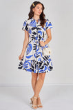 8Pcs Blue and Navy Abstract Print Short Sleeve Shirt Dress