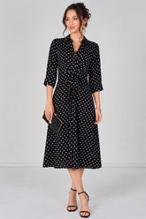 8Pcs Black Mini Polka Dot Quarter Sleeve Tie Waist Midi Dress