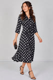 8Pcs Black Polka Dot Quarter Sleeve Tie Waist Midi Dress
