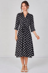 8Pcs Black Polka Dot Quarter Sleeve Tie Waist Midi Dress
