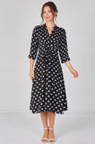 8Pcs Black Polka Dot Quarter Sleeve Tie Waist Midi Dress