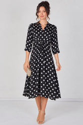8Pcs Black Large Polka Dot Quarter Sleeve Tie Waist Midi Dress