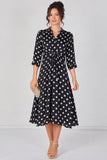 8Pcs Black Large Polka Dot Quarter Sleeve Tie Waist Midi Dress