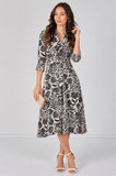 8Pcs Black Tropical Print Quarter Sleeve Tie Waist Midi Dress