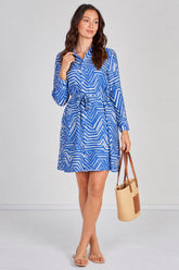 6Pcs Blue Geometric Print Long Sleeve Mini Shirt Dress