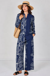 8Pcs Navy Coral Print Shirt and Trouser Co-Ord Set
