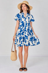 8Pcs Blue Floral Print Short Sleeve Flared Mini Dress