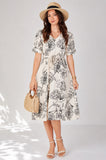 9Pcs Ivory Floral Print Short Sleeve Midi Dress