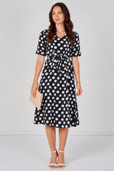 9Pcs Black Polka Dot Short Sleeve Midi Dress