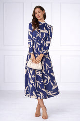 8Pcs Blue Brushstroke Print Pleated Skirt Satin Maxi Dress