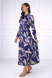 8Pcs Blue Brushstroke Print Pleated Skirt Satin Maxi Dress