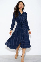 8Pcs Navy Modern Line Print Belted Shirt Dress